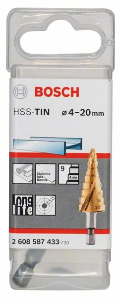 Bosch Stufenbohrer HSS-TiN, 4 - 20 Mm, 1/4 Zoll, 70,5 Mm, 9 Stufen (2 608 587 433)