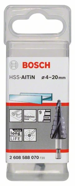 Bosch Stufenbohrer HSS-AlTiN, 4 - 20 Mm, 4 Mm, 70,5 Mm, 9 Stufen (2 608 588 070)