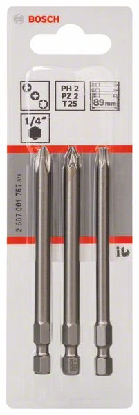 Bosch Schrauberbit-Set Extra-Hart, 3-teilig, PH2, PZ2, T25, 89 Mm (2 607 001 767)
