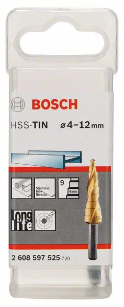 Bosch Stufenbohrer HSS-TiN, 4 - 12 Mm, 6 Mm, 65 Mm, 9 Stufen (2 608 597 525)